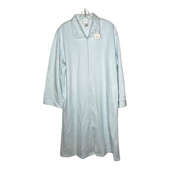 Miss Elaine Robe Womens Large Blue Full Zip Quilted Embroidered Floral Neck - Picture 1 of 8